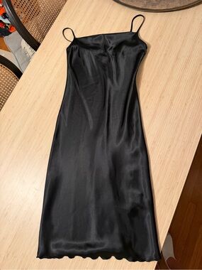 bebe Black Satin Midi Slip Dress with Spaghetti Straps